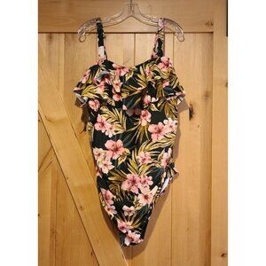 Kona Sol Size 24W Black Pink Tropical Ruffle Spaghetti Straps One-Piece Swimsuit